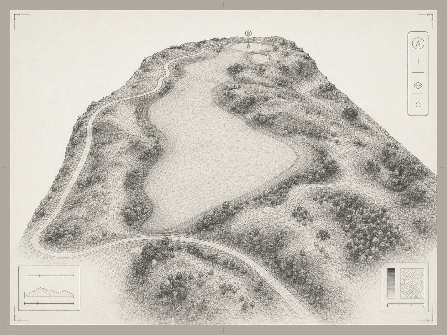 Survey-style rendering of a golf hole: triangulated elevation mesh over the fairway, contoured bunkering and tree cover, with a pin marker on the green