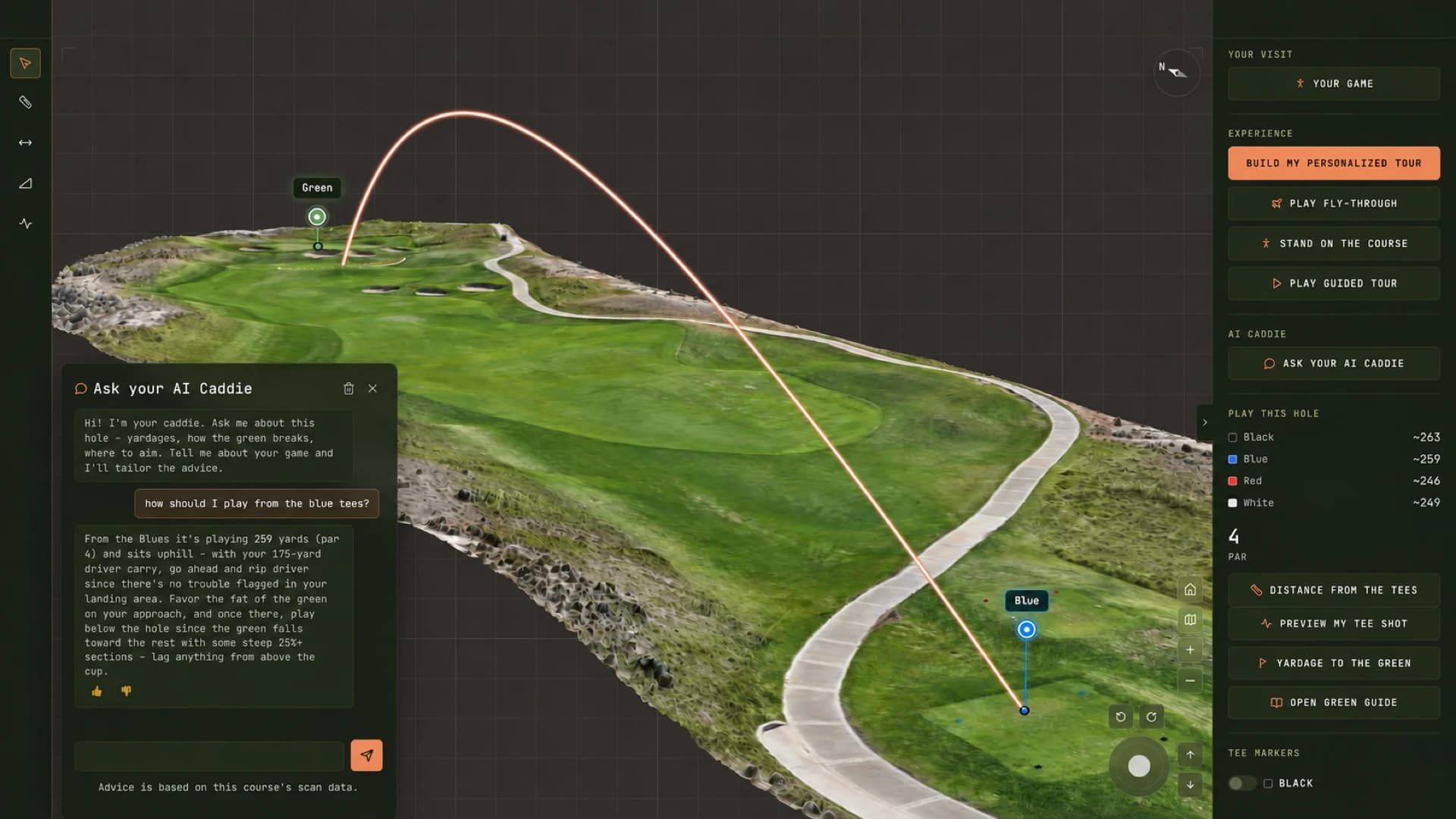 Screenshot of the Course Correct viewer: a 3D model of a par-4 golf hole with a tee-shot arc drawn from the blue tee to the green, an AI caddie chat answering how to play the hole, and a side panel with tours, per-tee yardages and tools.